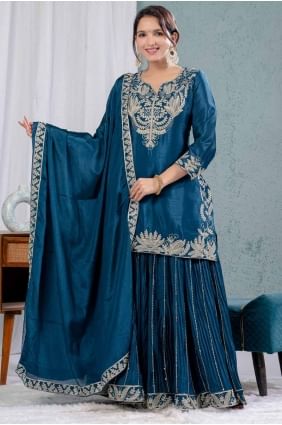 costume sharara en mousseline de soie avec broderies bleu sarcelle SS1257