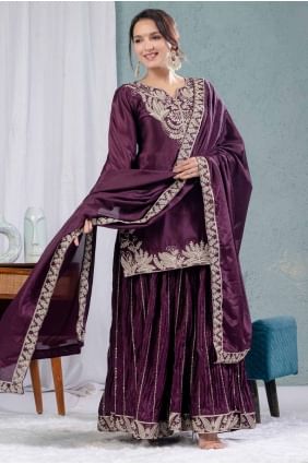 Costume Sharara en mousseline brodée de vin SS1258