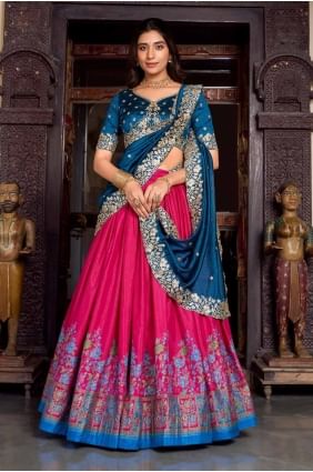 Soie Tussar Imprimée Rose Lehenga Choli avec Dupatta LC8448