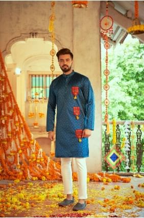 kurta homme bleu sarcelle en soie imprimée avec dupatta KURU0116
