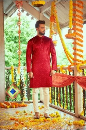 kurta homme marron imprimé en soie avec dupatta KURU0117