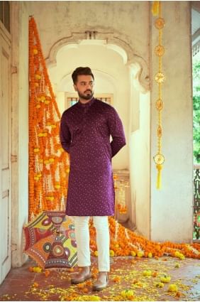 purple men kurta in printed silk KURU0119