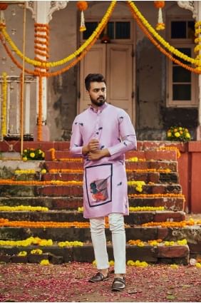 kurta homme rose poussiéreux en soie d'art avec imprimé KURU0120