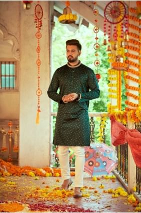 kurta homme imprimé vert en soie KURU0121