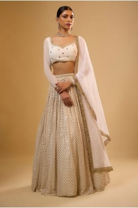 Lehenga choli blanc en georgette synthétique à sequins avec dupatta LC8998