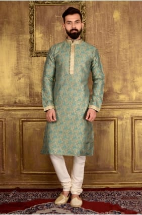 usure brocart de soie turquoise de jaqurs vert ethnique kurta ready-made kurta payjama KUR0174