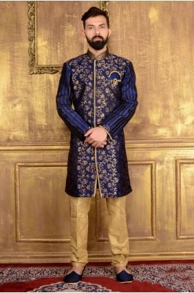 bleu brocart de soie jaqurd semi-indo- occidentale indo- INW0001