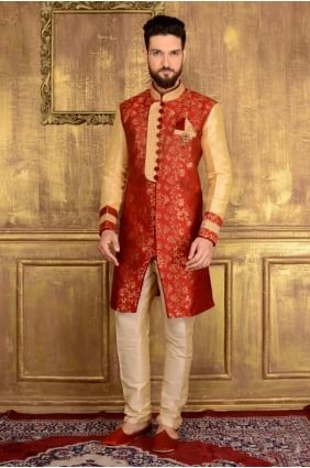 brocart de soie rouge jaqurd semi-indo- occidentale indo- INW0005