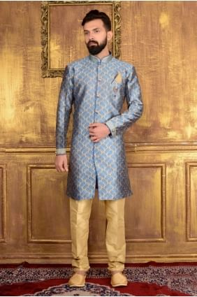 bleu brocart de soie jaqurd semi-indo- occidentale indo- INW0012