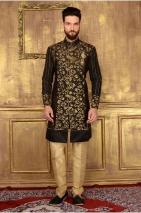 brocart de soie noire jaqurd semi-indo- occidentale indo- INW0015