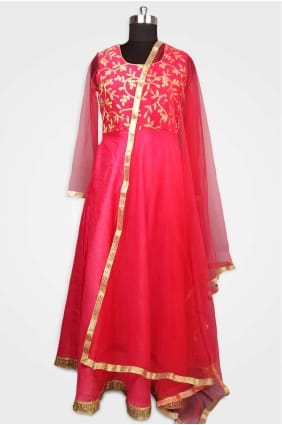 costume anarkali rouge en soie brute UMAS0002