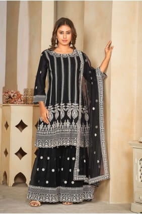 Costume Anarkali en filet brodé en noir PZ3939