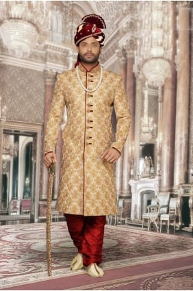 beige jackard sur tout butin élevé designer usure ethnique légère sherwani ready-made SHR00028