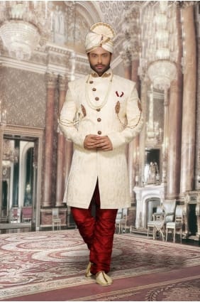 beige importé plaine & jackard boota designer usure ethnique sherwani ready-made SHR00035