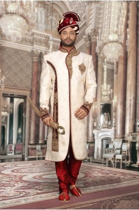 butin beige jackard designer usure ethnique travail à la main sherwani ready-made shr00038