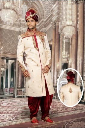 jackard beige avec designer usure ethnique travail à la main sherwani ready-made shr00040