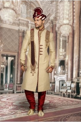 butin beige jackard designer usure ethnique travail à la main sherwani ready-made shr00045