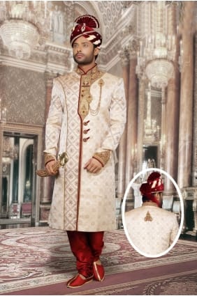 jackard beige avec designer usure ethnique travail à la main sherwani ready-made shr00046