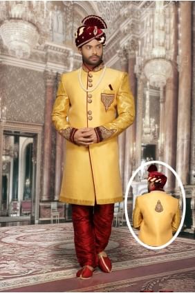 plaine jaune et Jharna impression jackard designer usure ethnique sherwani ready-made SHR00049