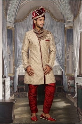 beige concepteur usure Jari ethnique sherwani ready-made SHR00067
