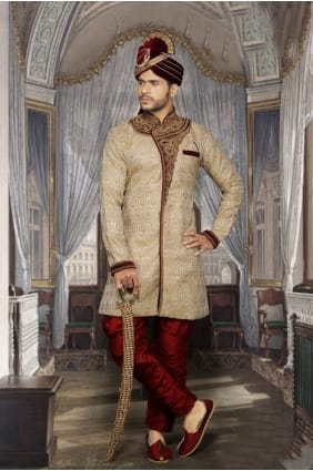 fantaisie beige concepteur usure ethnique sherwani ready-made SHR00068