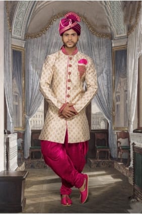 beige butin rose jackard usure ethnique concepteur sherwani ready-made SHR00069