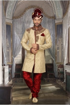 beige lourd concepteur usure ethnique jackard sherwani ready-made SHR00070