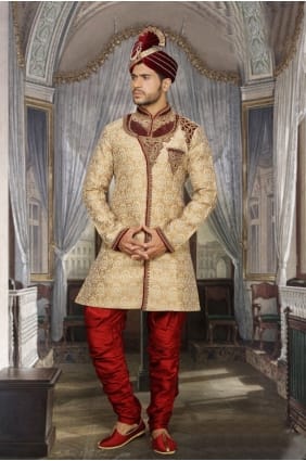 beige concepteur usure ethnique jackard sherwani ready-made shr00071