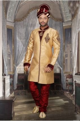 sherwani jacquard ready-made en beige SHR00075