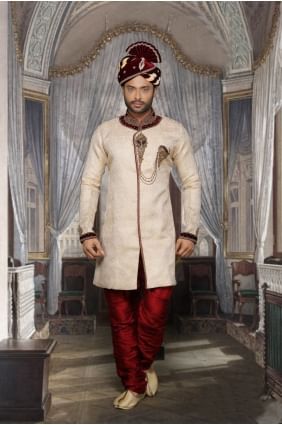 beige concepteur usure ethnique jackard sherwani ready-made shr00077