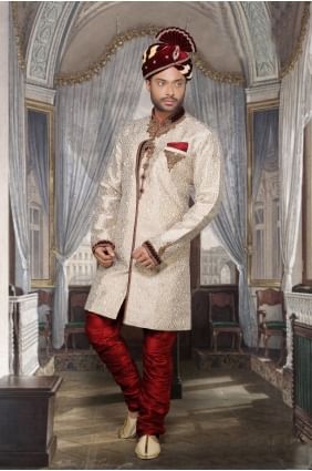 beige concepteur d'usure ethnique tissu importé sherwani ready-made SHR00078