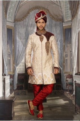 butin de Daman beige designer usure ethnique brocked sherwani ready-made SHR00079