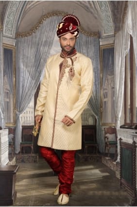 butin beige designer usure ethnique jackard sherwani ready-made SHR00081