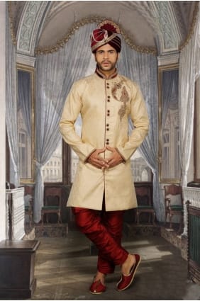 beige jari brocked ethnique designer usure sherwani ready-made SHR00082