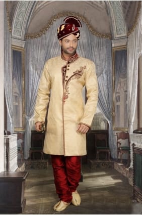 beige jari tanchui ethnique designer usure sherwani ready-made SHR00083