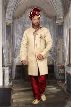 tanchui beige brocked sherwani prêt à l'emploi SHR00084