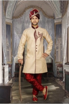 tanchui beige brocked ethnique designer usure sherwani ready-made SHR00085