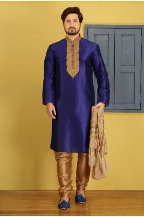 bleu dupion usure ethnique soie art kurta ready-made kurta payjama KUR0229