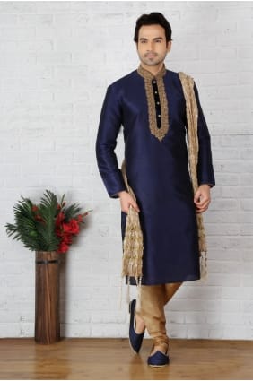 bleu dupion usure ethnique soie art kurta ready-made kurta payjama KUR0234