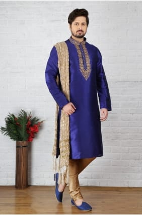 bleu dupion usure ethnique soie art kurta ready-made kurta payjama KUR0242