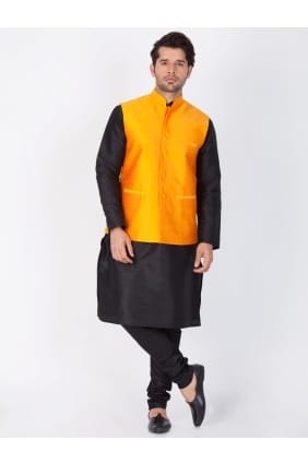vêtements ethniques soie coton noir kurta ready-made kurta payjama avec la veste kur0340