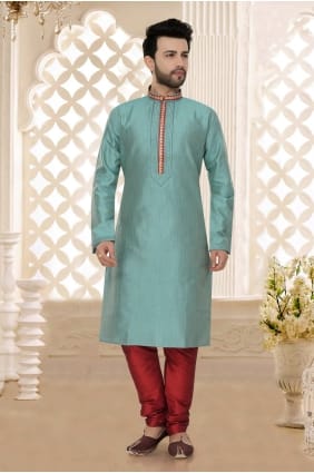 bleu aqua usure ethnique plaine flammé Kurta Kurta Pyjama KUR0600