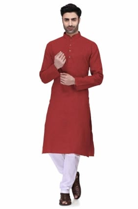 kurta en coton pour hommes en rouge foncé avec uni KURR108