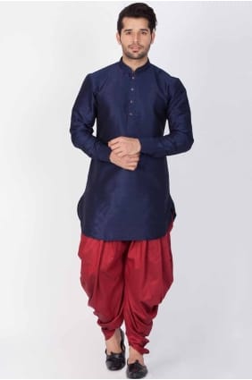 Kurta bleu pour hommes avec soie Dupion unie KURR141