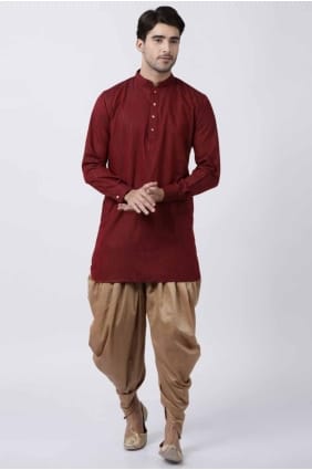 kurta marron pour homme en soie dupion avec imprimé uni KURR144