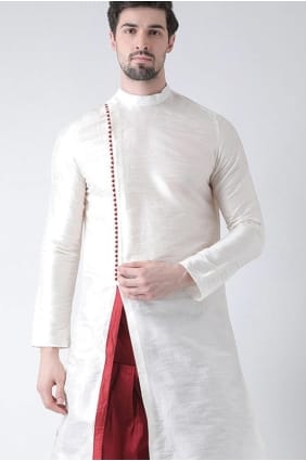 kurta en soie dupion unie blanche pour homme avec dupatta KURR150