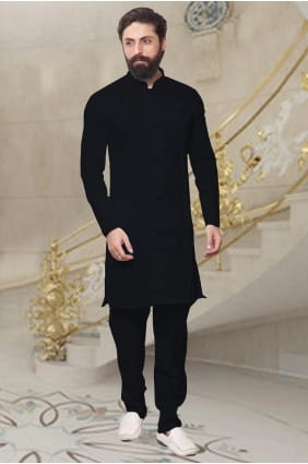 kurta uni en soie dupion noire pour homme avec dupatta KURR151