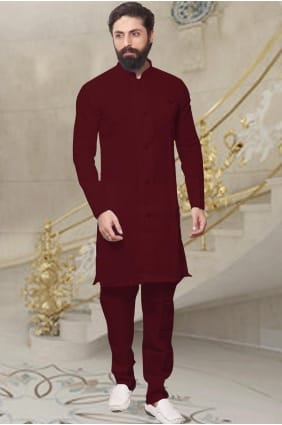 Kurta en soie Dupion unie pour homme en marron avec Dupatta KURR152