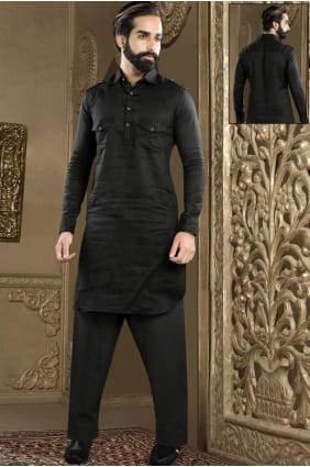 Kurta en soie dupion noir uni pour homme KURR156