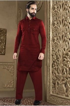 kurta en soie dupion pour homme avec uni en marron KURR157